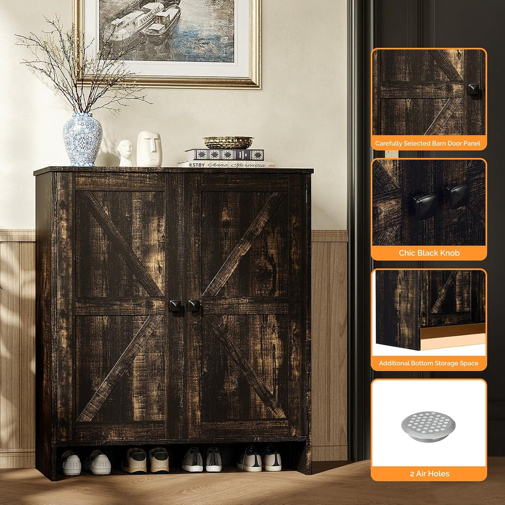 VINGLI Shoe Cabinet with Doors,5 Tier Dark Rustic Oak Wooden Shoe Storage Cab...