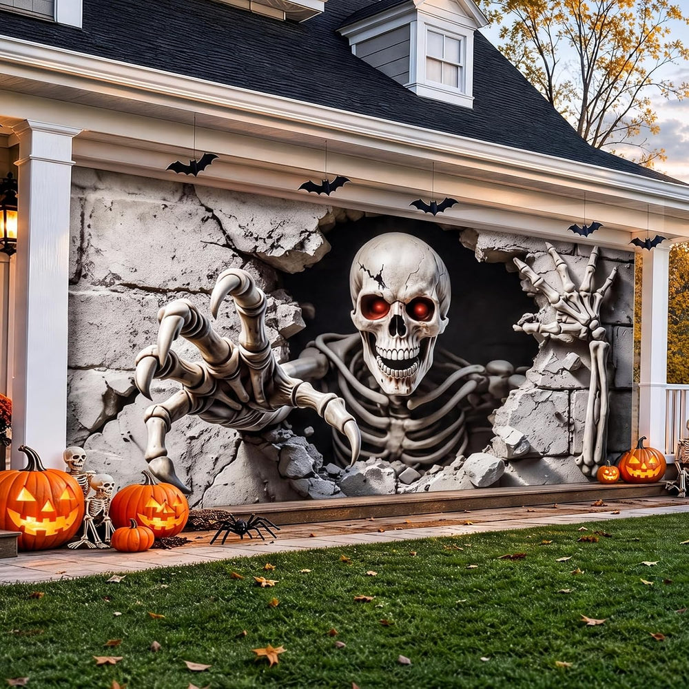 16 x 7 FT Halloween Garage Door Cover,Large 3D Skeleton Halloween Backdrop