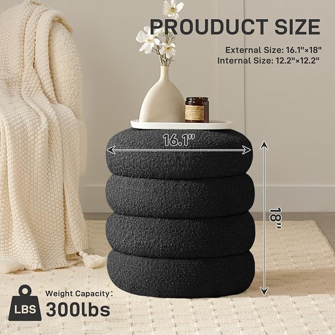 Round Ottoman with Storage Boucle Ottoman Stool with Storage Removable Lid