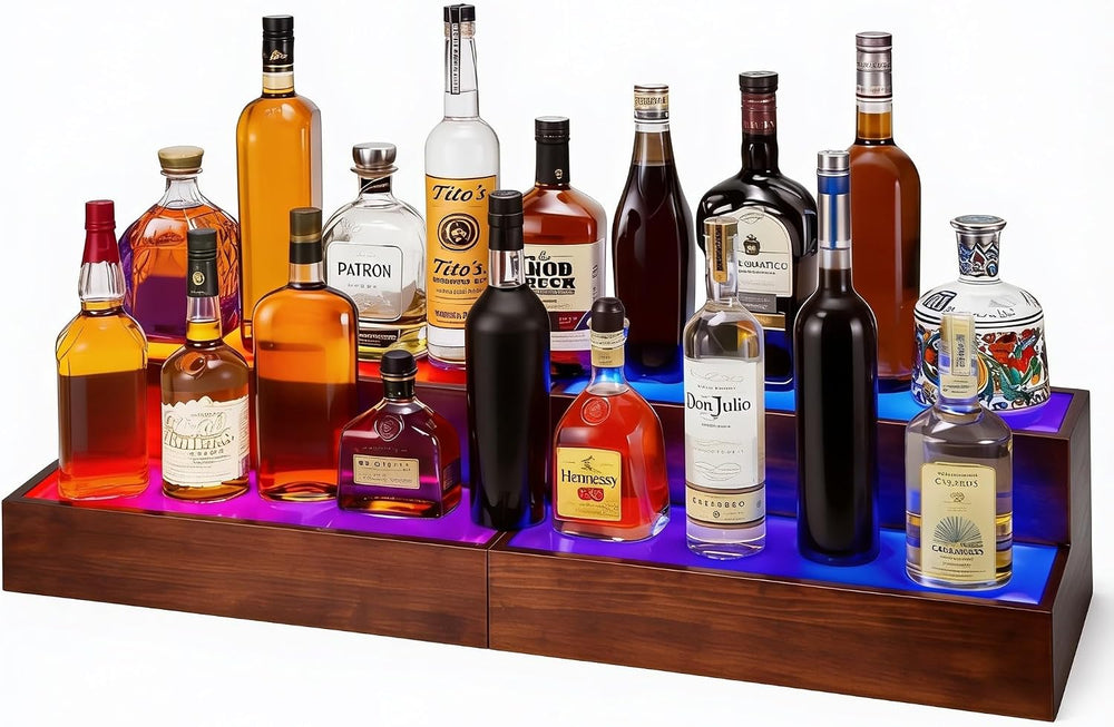 2 Pack LED Liquor Bottle Display Shelf , 2 Tier Real Wood Bar Shelves for Liq...