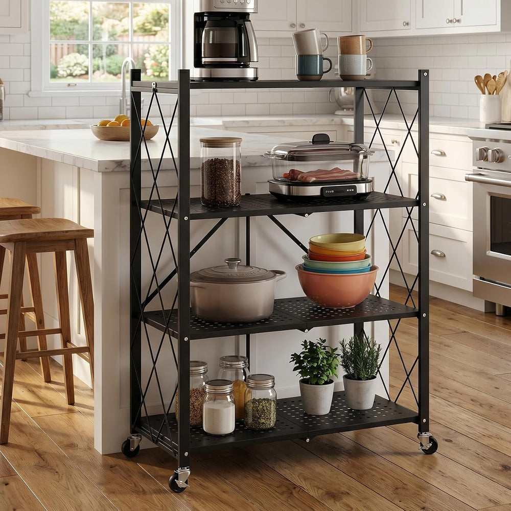 4-Tier Foldable Storage Shelves with Wheels (Black)