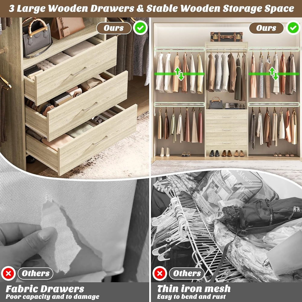 Aheaplus Closet System, 4.2-9Ft Closet Organizer with with 4 Rods, White Oak