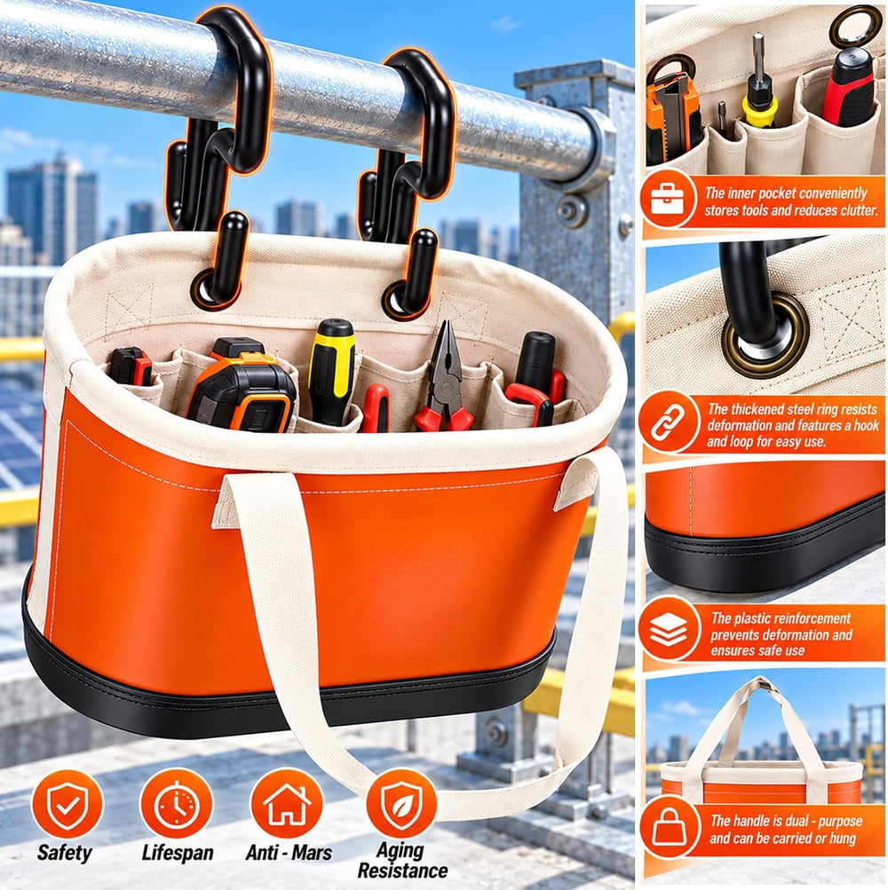 Oval Bucket Tool Organizer with 2 Hooks, 14 Pockets, Lineman