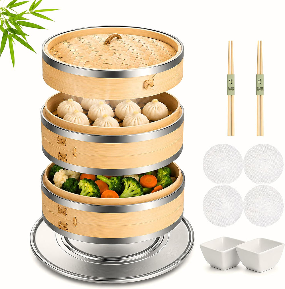 Naturaceutica's Bamboo Steamer Basket 10 Inch With Ring, 2 Tier Dumpling ...