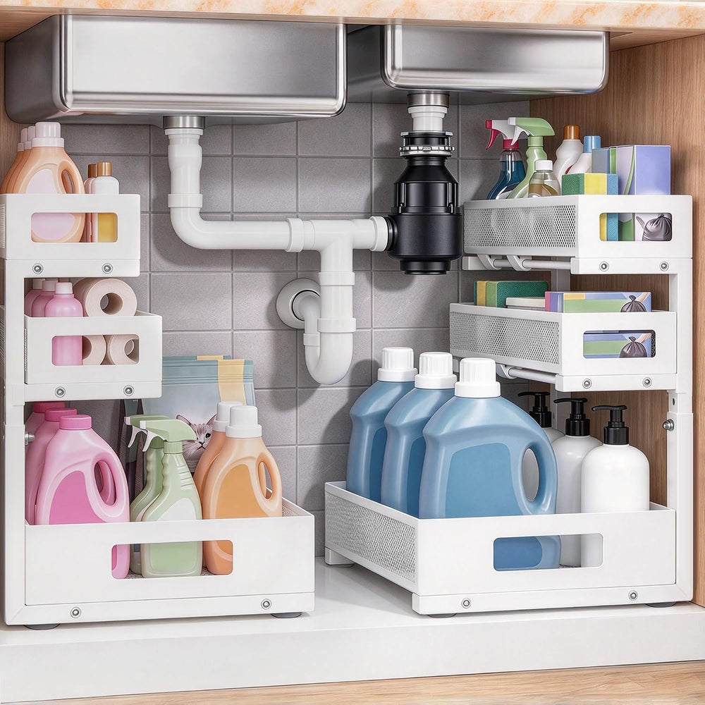 3-Tier Under Sink Organizer, Pull-Out Drawers, 2-Pack White
