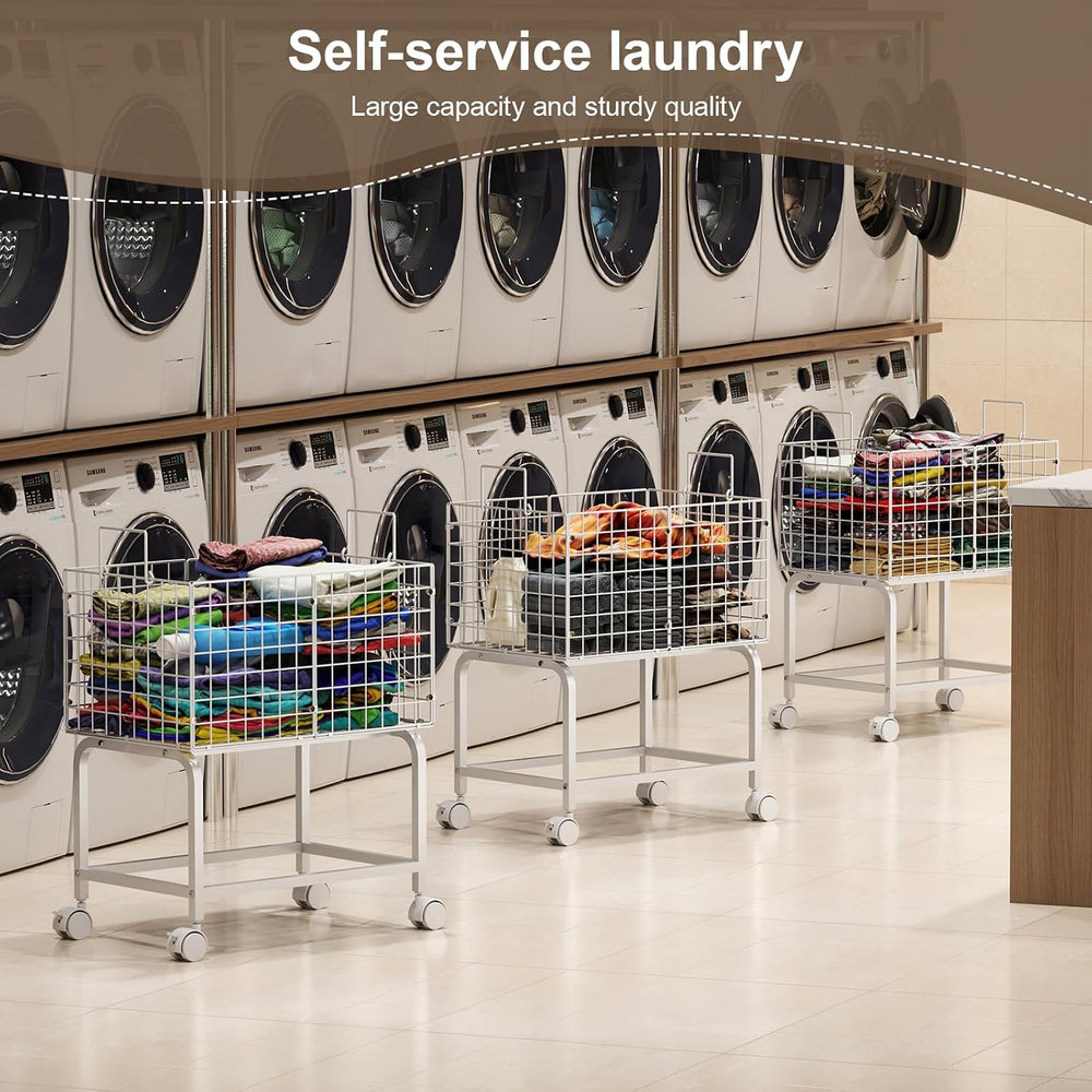 Laundry Basket with Wheels,80L Wire Rolling Laundry Basket with Pull Handle,W...
