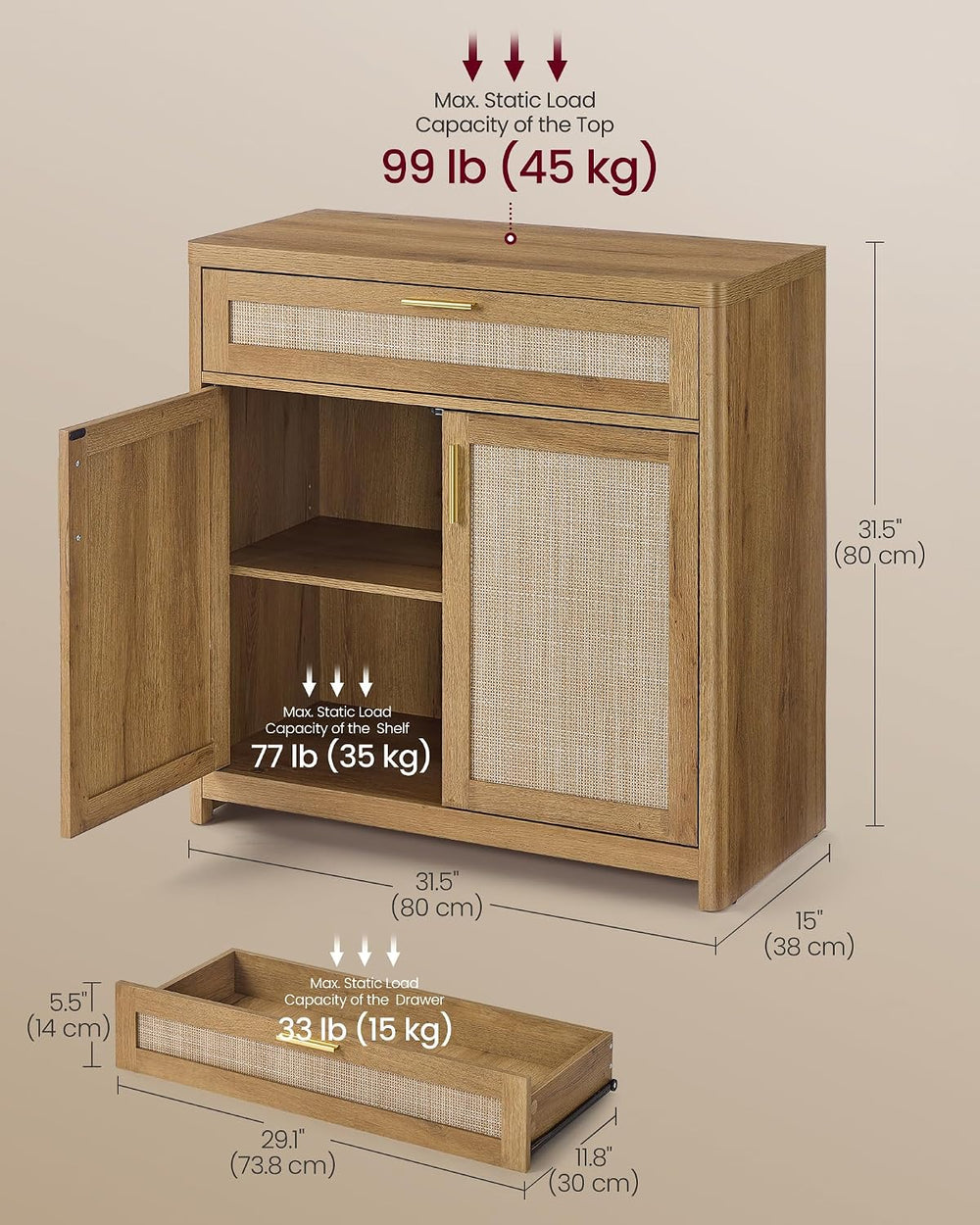 VASAGLE Boho Buffet Cabinet with Rattan-Look Doors, Adjustable Shelf