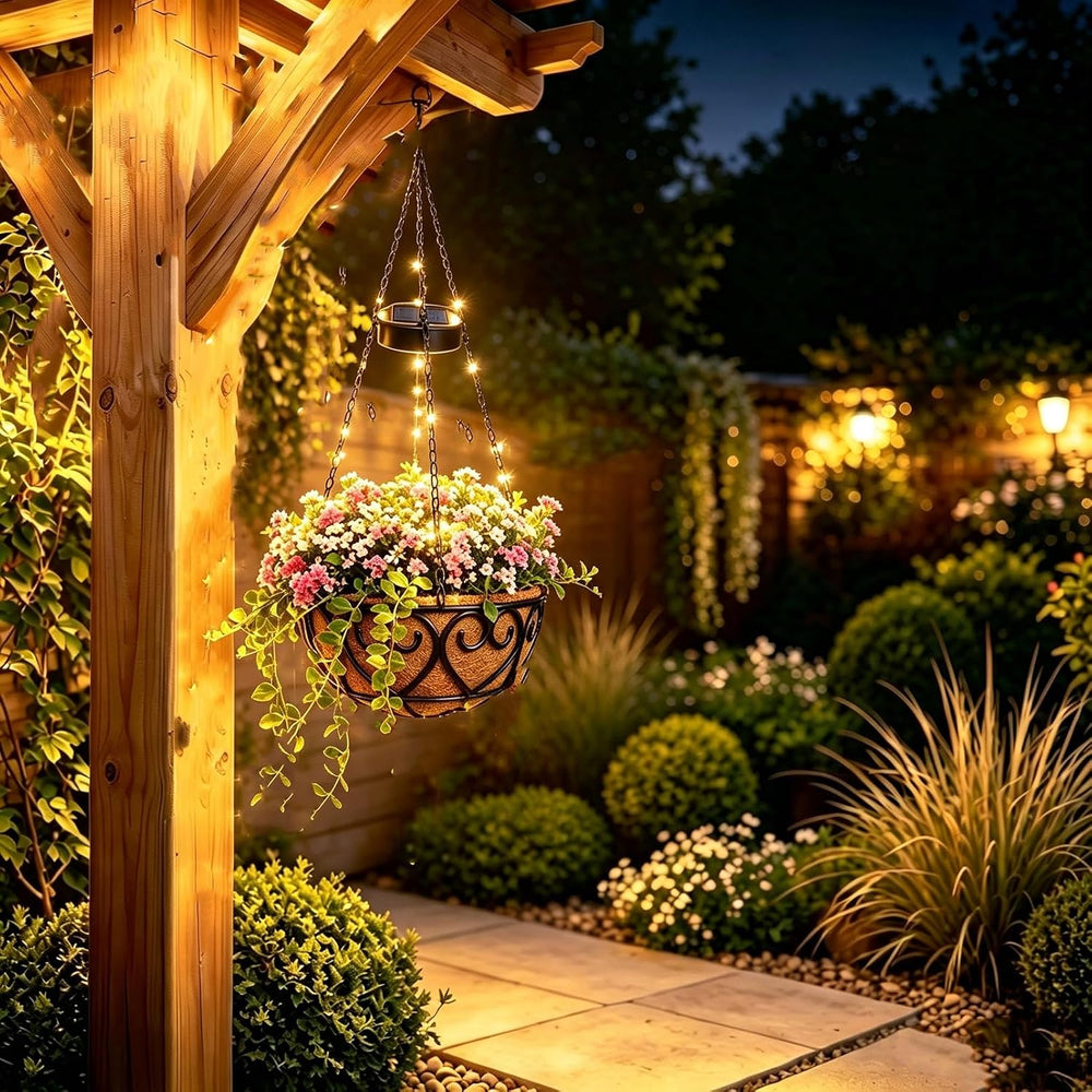 2 Pack 10 Inch Solar Hanging Flower Basket with LED String Lights