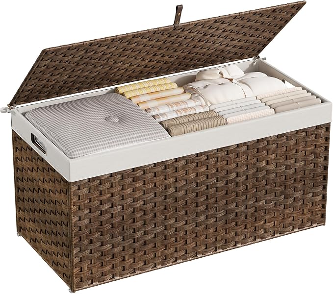 HOOBRO Storage Basket with Lid, 52.8 Gallon Wicker Basket, Handwoven Blanket