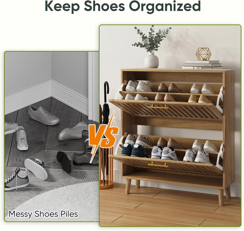 Smart FENDEE Shoe Storage Cabinet with 2 Flip Slatted Drawers, Narrow Freesta...