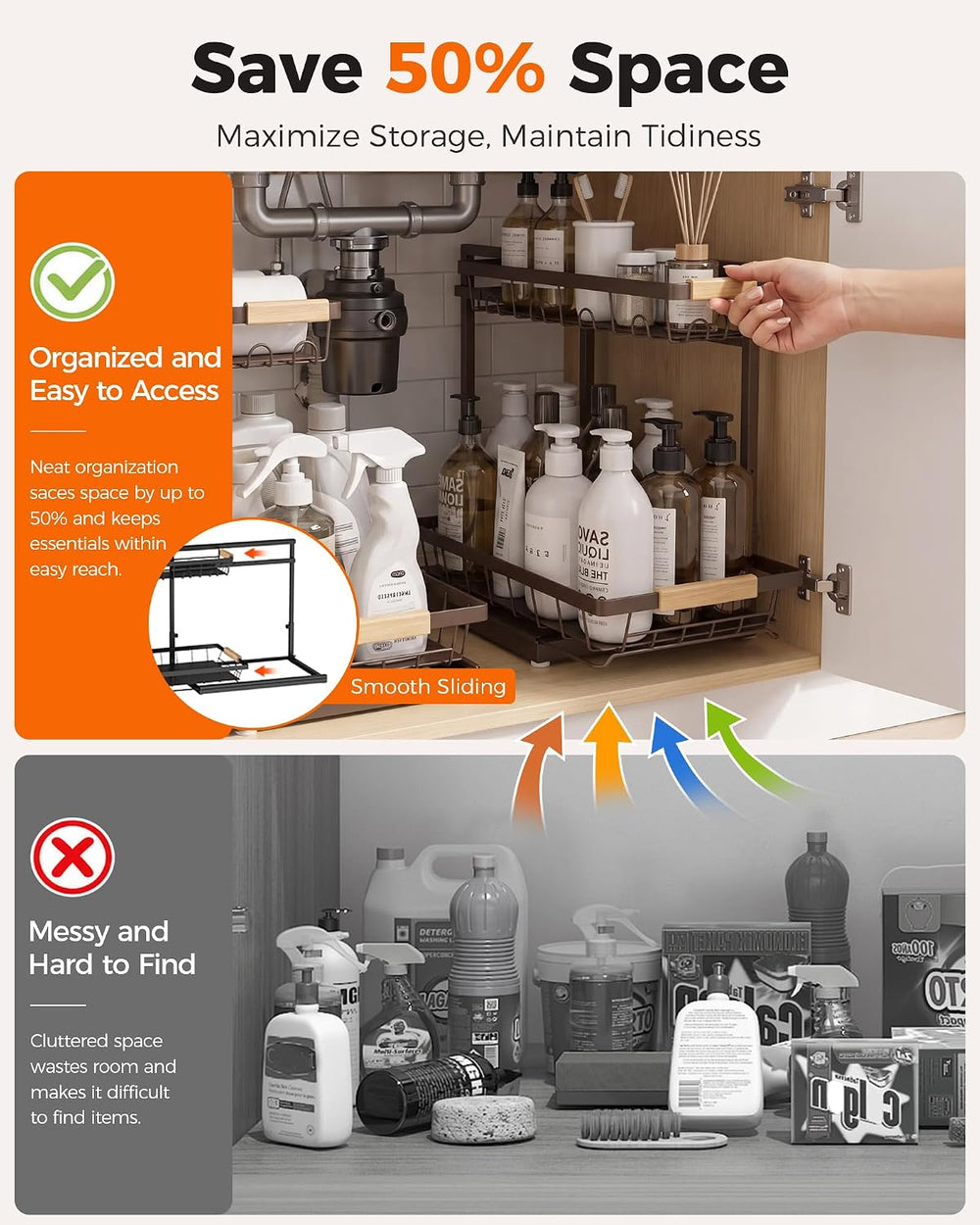 2-Pack 2-Tier Height Adjustable Under Sink Organizer & Storage
