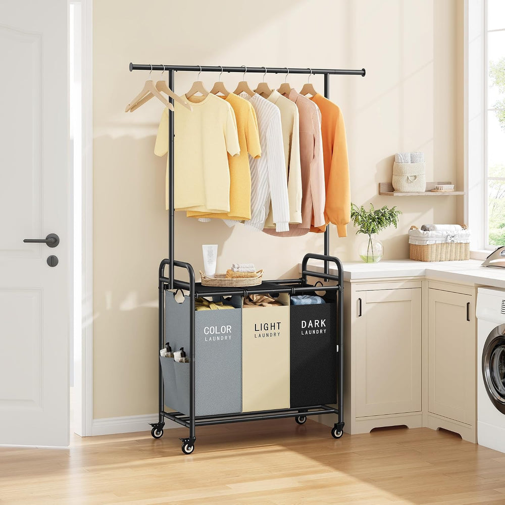 Tajsoon Laundry Sorter with Hanging Bar and Lid, 3 Section, 3 Colors