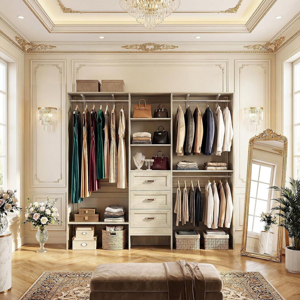 8FT Closet System with 3 Curved Drawers, 96'' Wooden Walk-in Closet O...