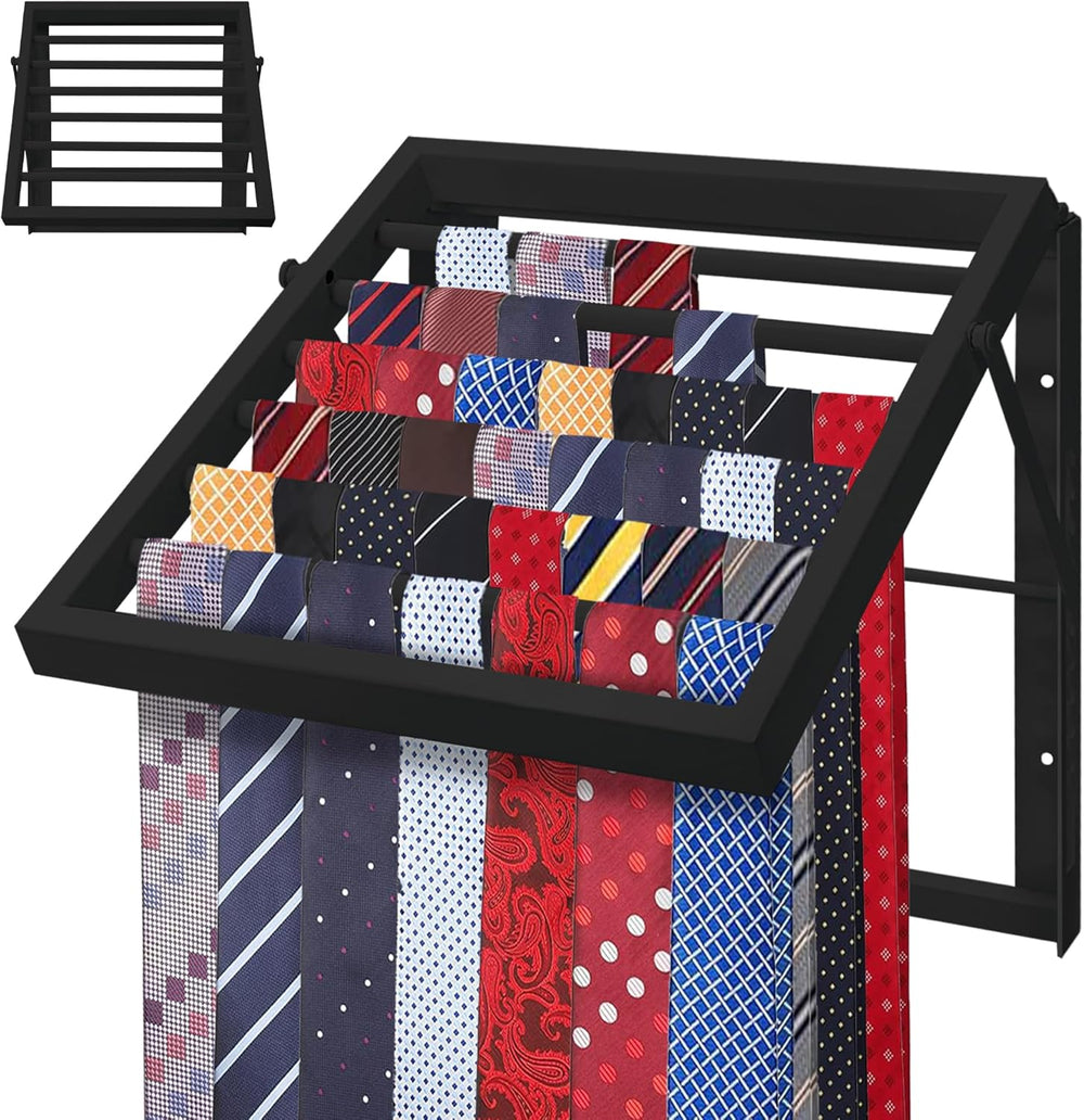 Tie Rack Wall Mounted, Adjustable Angle Tie Organizer for 60 Ties & Scarves