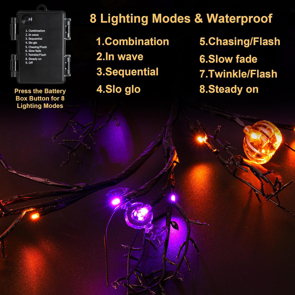 9 FT 72 LED Willow Vine Twig Decor Black Halloween Garland with Pumpkin &...