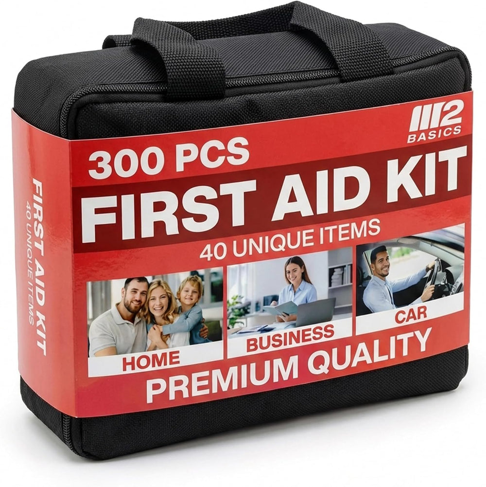 M2 BASICS 300 Piece First Aid Kit w/Durable Bag for Home, Business, Office