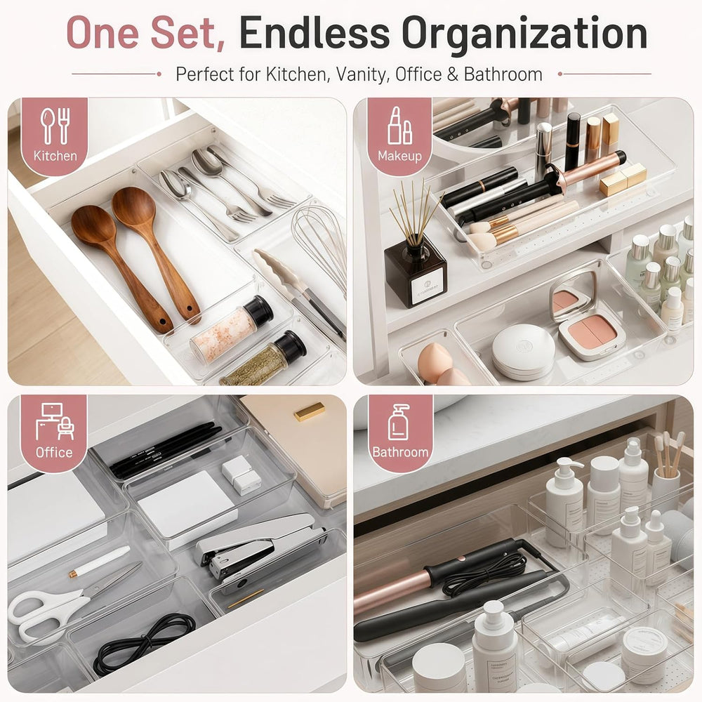 12 Pack Large Drawer Organizer Bins - Clear Plastic Bathroom Drawer Organizer...