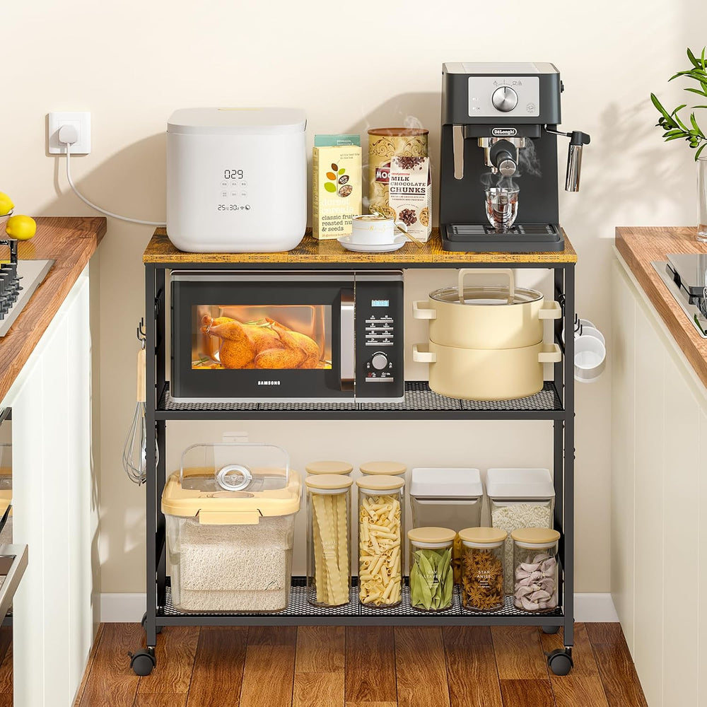 3 Tier Rolling Kitchen Microwave Cart, 33 Inch Microwave Table Stand with Adj...