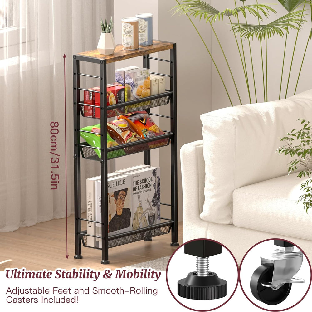 Slim Rolling Cart, 4-Tier Narrow Kitchen Storage Cart, Slim Utility Cart on W...