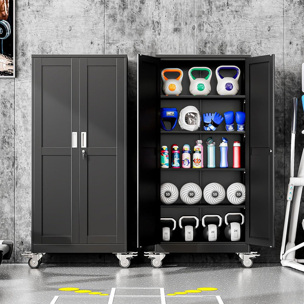 71" Metal Garage Storage Cabinet with Wheels and Locking Doors and Tall ...