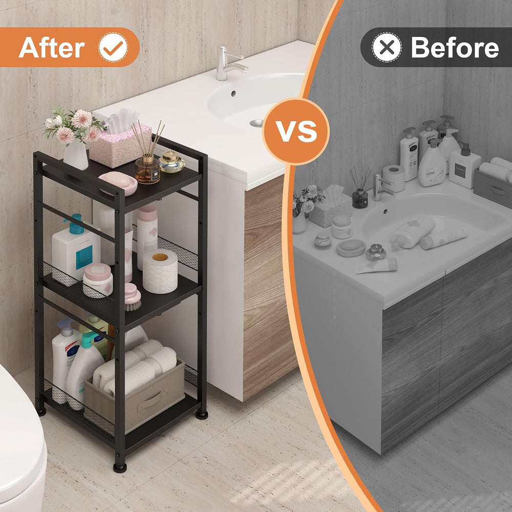 3-Tier-Narrow-Metal-Shelving-Unit, Expandable Bathroom Laundry Shelves