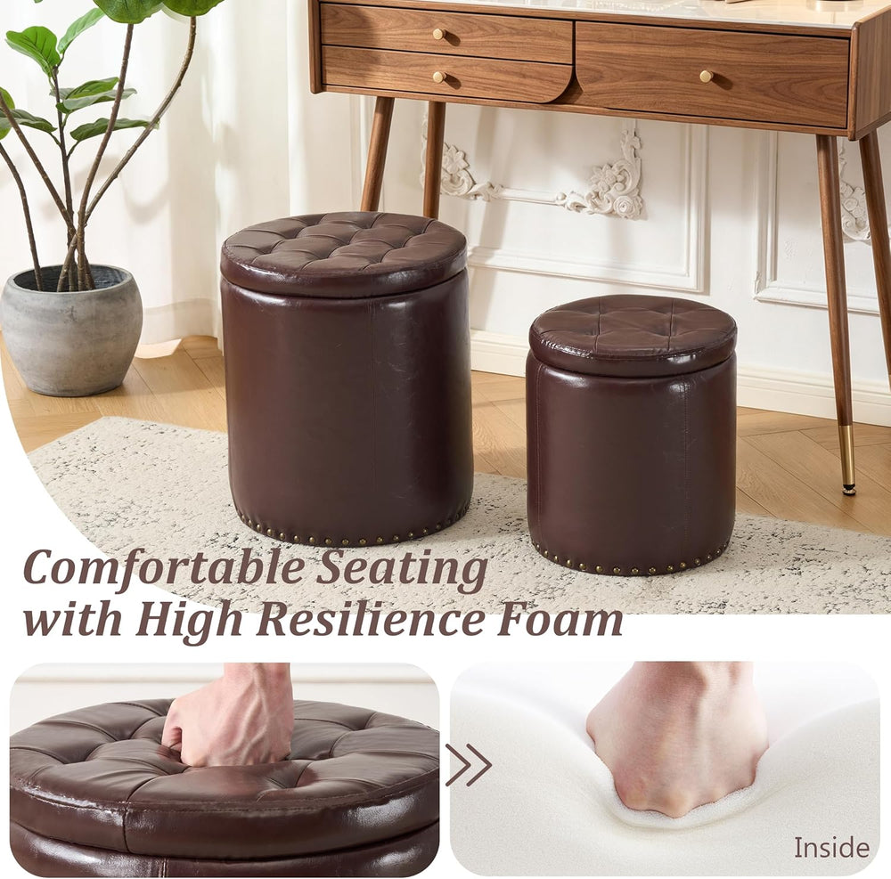 Royal Windsor Round Ottoman with Storage Set of 2, Faux Leather Button Tufted...