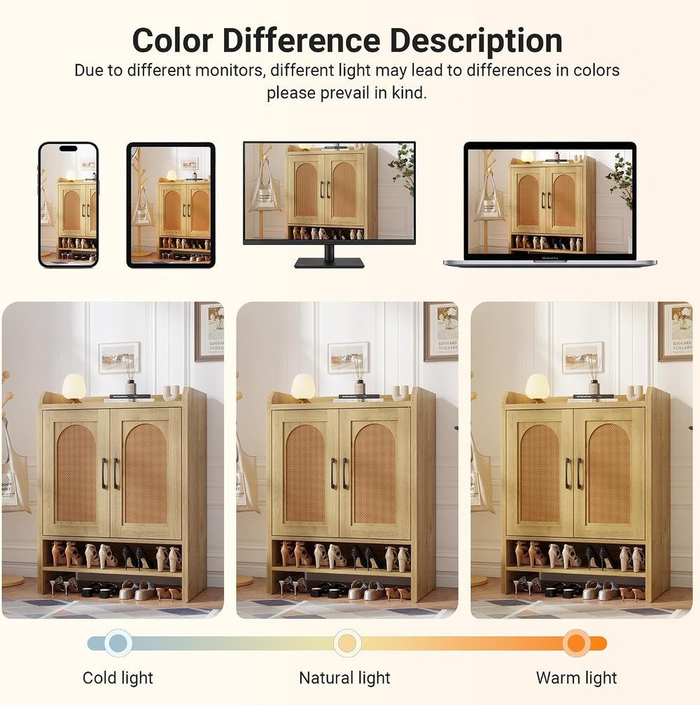 5-Tier Rattan Shoe Cabinet with Doors, 1.2" Thick Hidden Shoe Rack, Natural