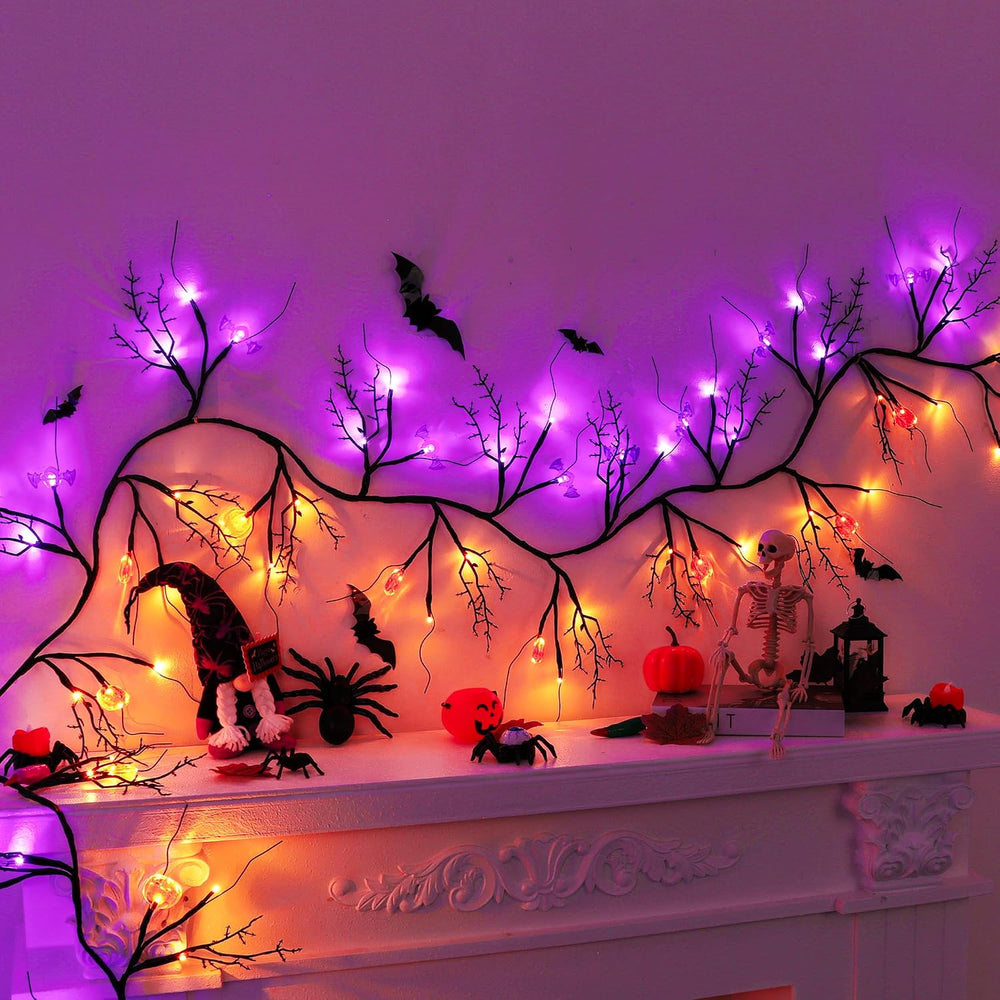 9 FT 72 LED Willow Vine Twig Decor Black Halloween Garland with Pumpkin &...