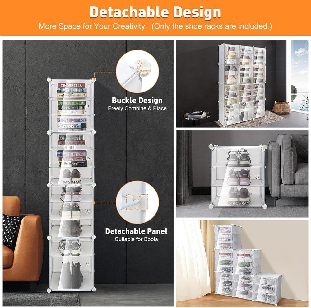 Shoe Rack Organizer, 12-Tiers Stackable 72 Pairs DIY Plastic White Shoe Rack ...