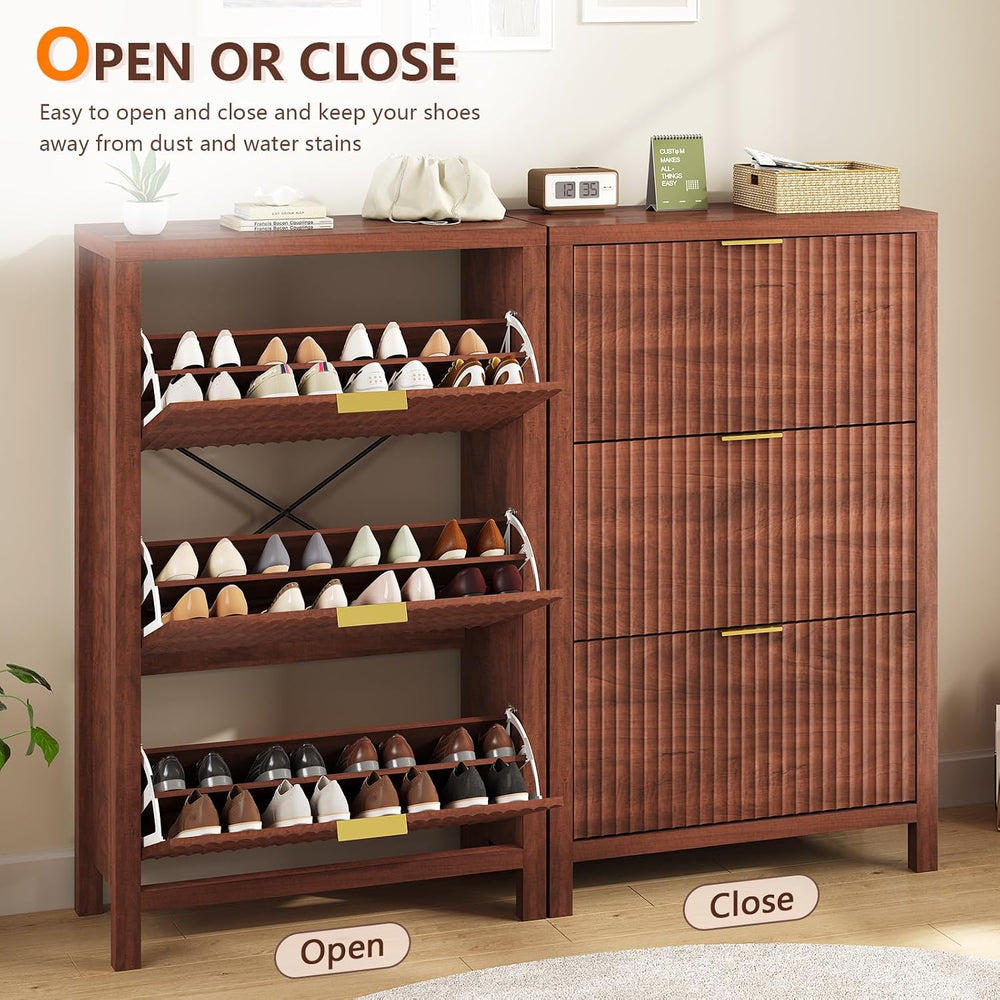 32" Fluted Shoe Cabinet Storage with 3 Flip Drawers for Entryway, Hallway