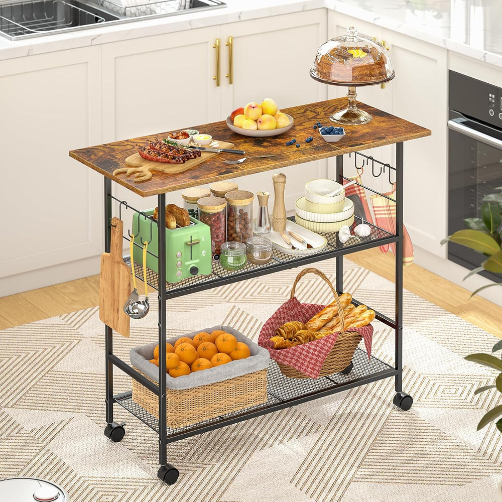 Kitchen Island with 3 Shelves, Rolling Kitchen Cart with 6 Hooks and Protecti...