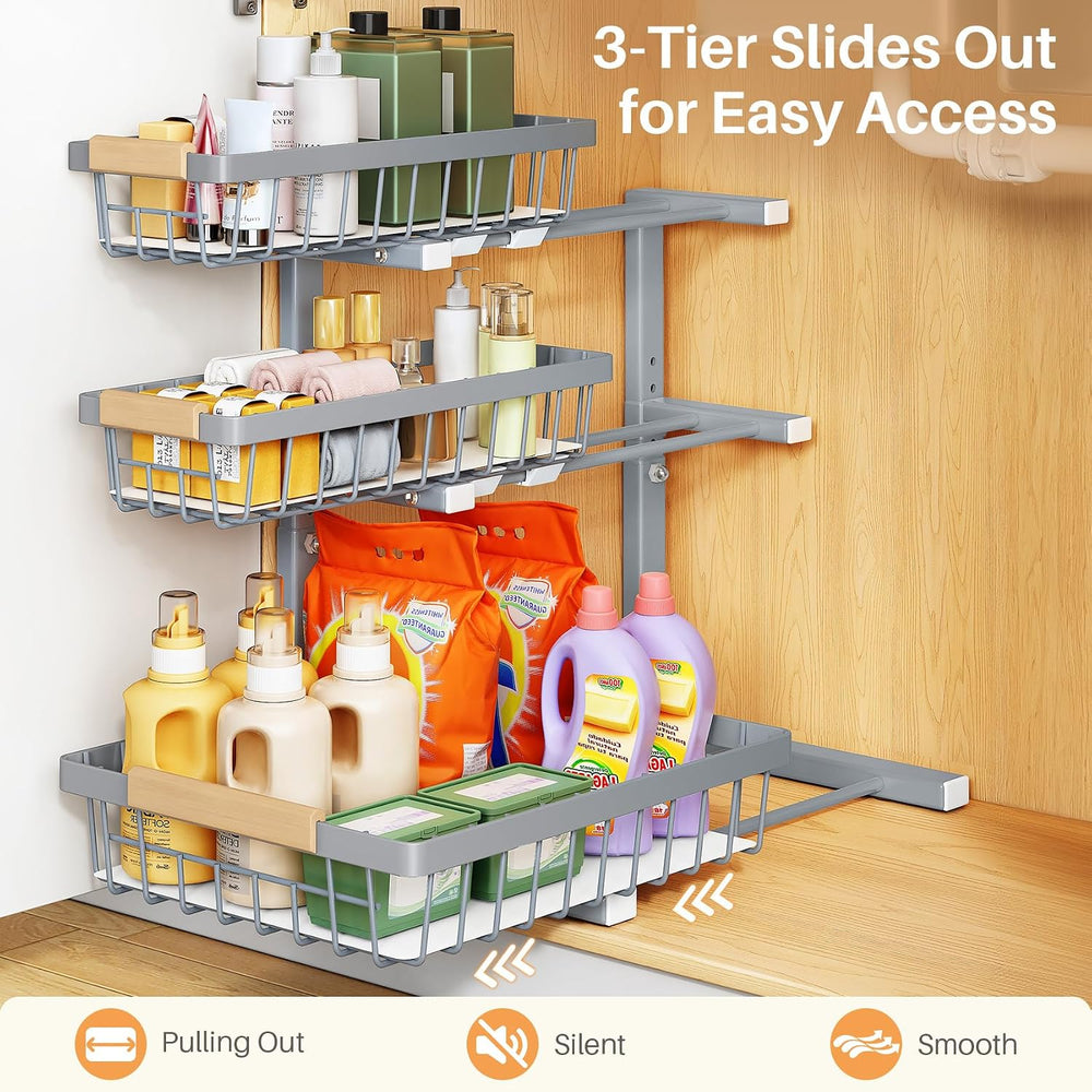 PXRACK Under Sink Organizer, 1-Pack 3-Tier Height Adjustable Thickened Metal ...