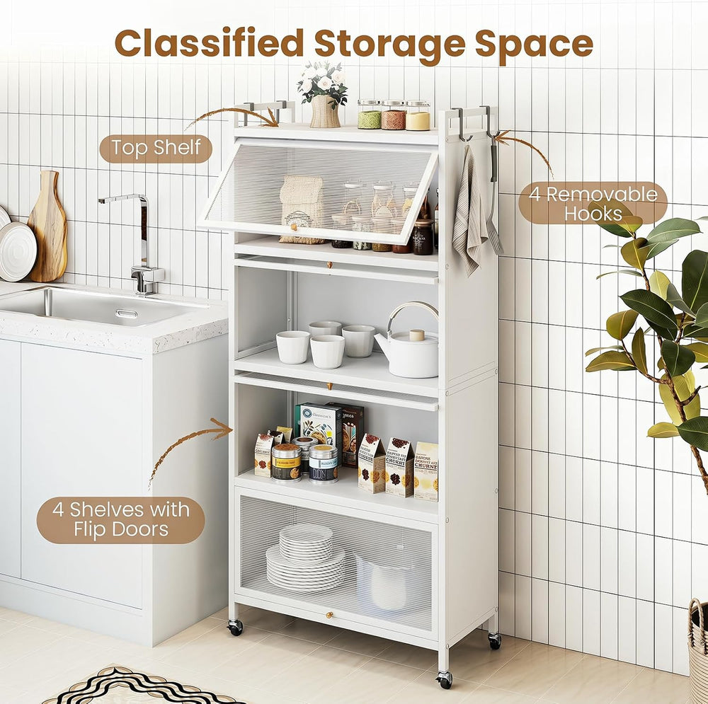GIANTEX 5-Tier Kitchen Storage Cabinet, 4 PC Doors, Rolling Wheels (White)