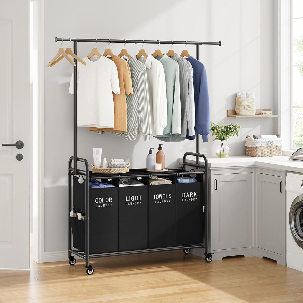 Tajsoon Laundry Sorter with Hanging Bar, Laundry Hamper with Lid, Black