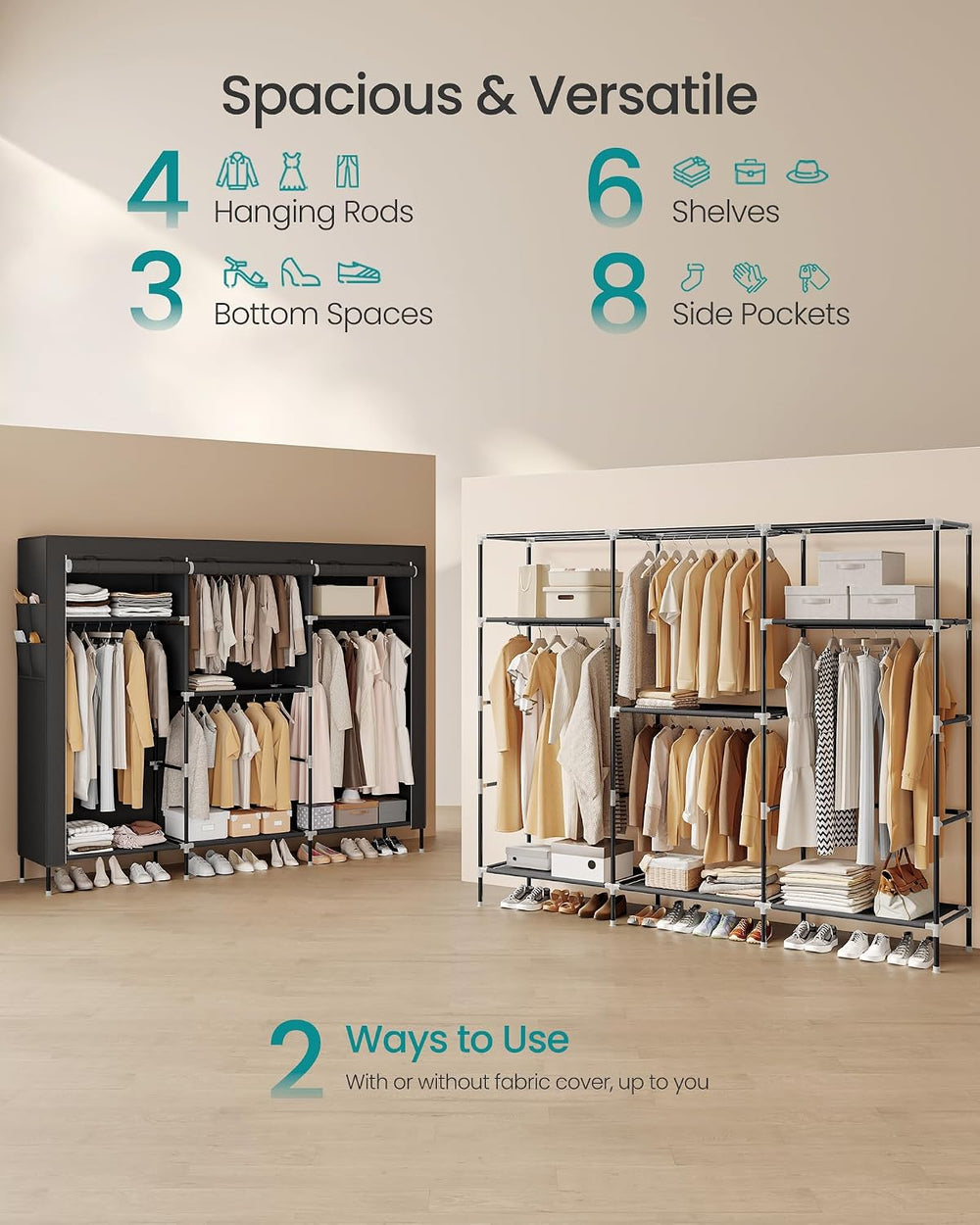 SONGMICS Portable Closet, Fabric Wardrobe, Clothes Rack with Shelves