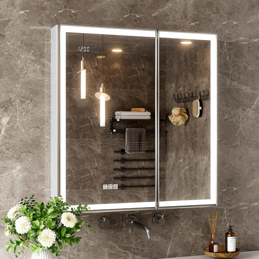 30x32 Lights Medicine Mirror Cabinet, Beveled Brushed Nickel Frame