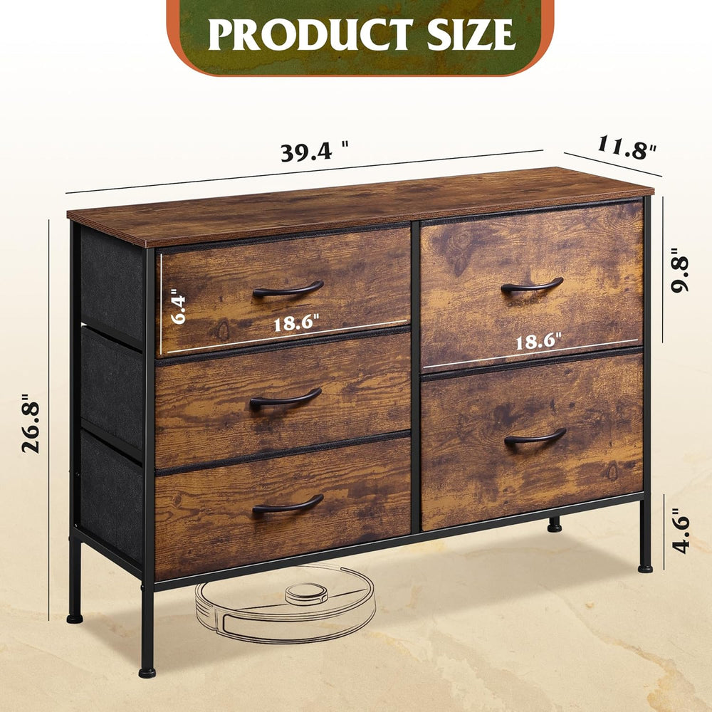 WLIVE 5 Drawer Fabric Dresser for Bedroom, Wide Storage Chest, Rustic Brown