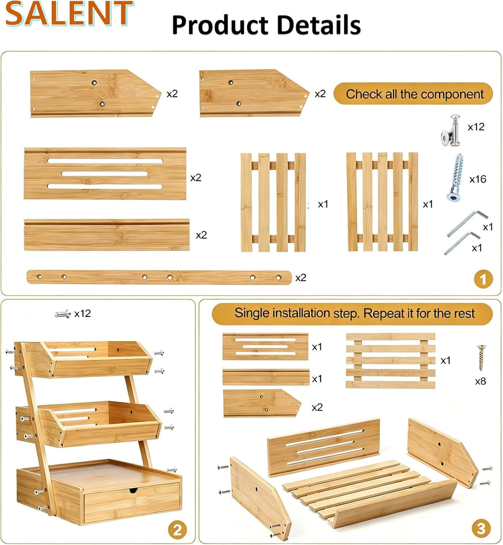 SALENT 3 Tier Bamboo Kitchen Counter Basket Organizer with Pull Out Drawers