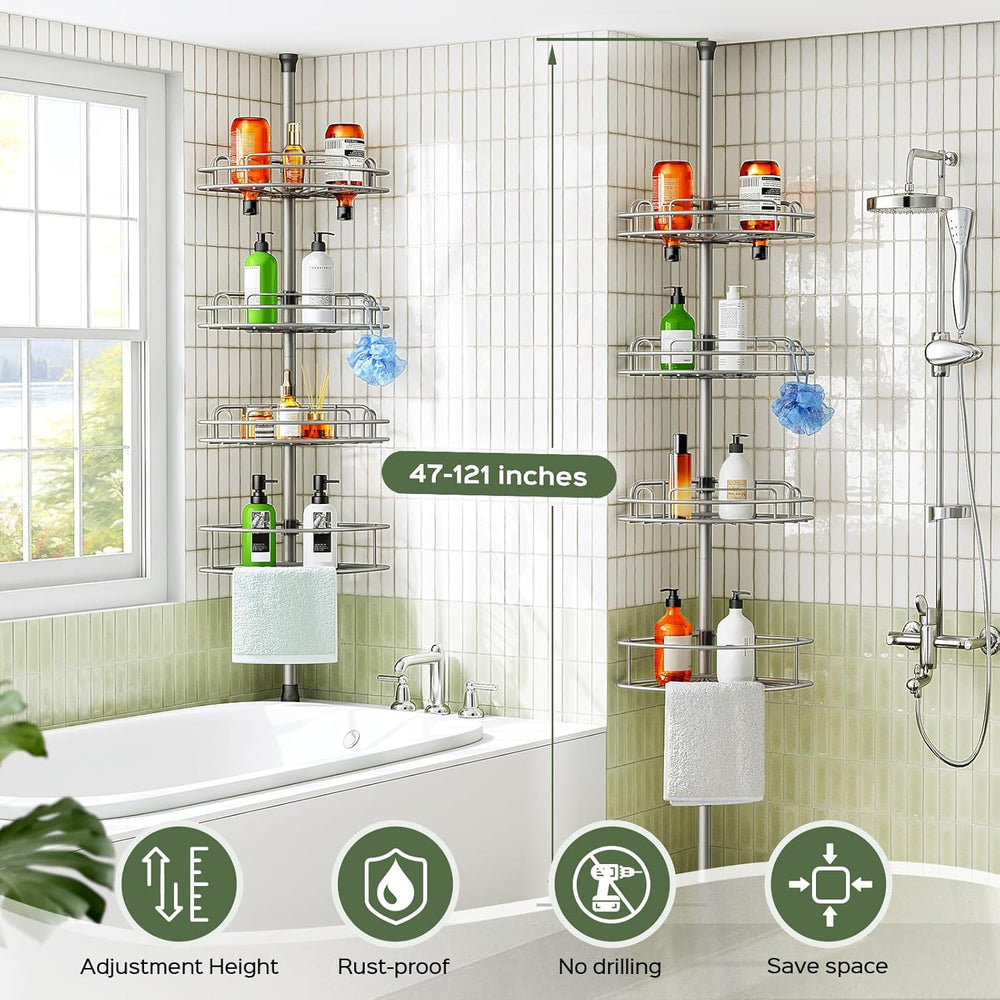 HAMITOR Corner Shower Caddy Tension Pole 4 Tier Rustproof Shampoo Organizer