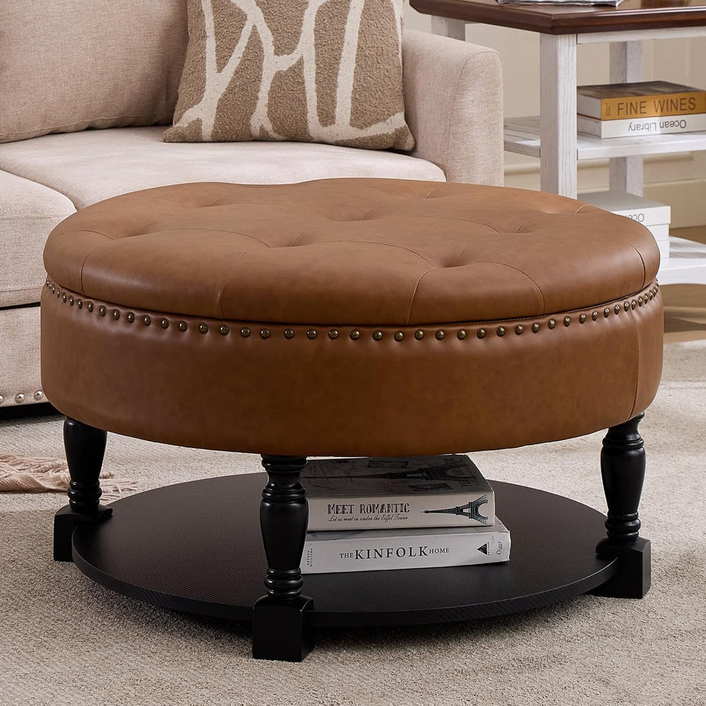 31.5 Inch Round Storage Ottoman Coffee Table with Shelf, PU Brown