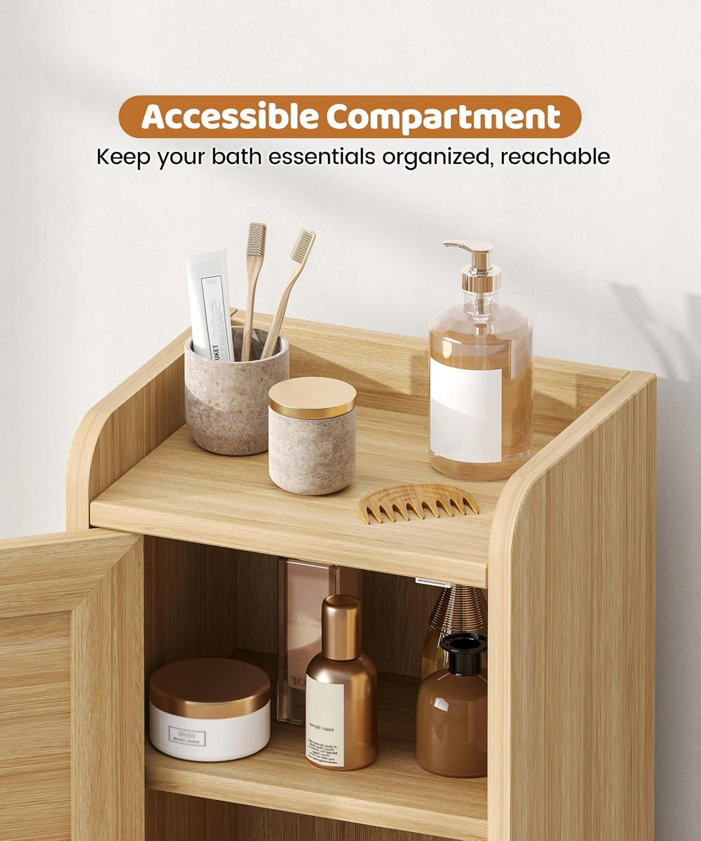 9.8''W Rattan Small Bathroom Storage Cabinet 2 Doors Oak