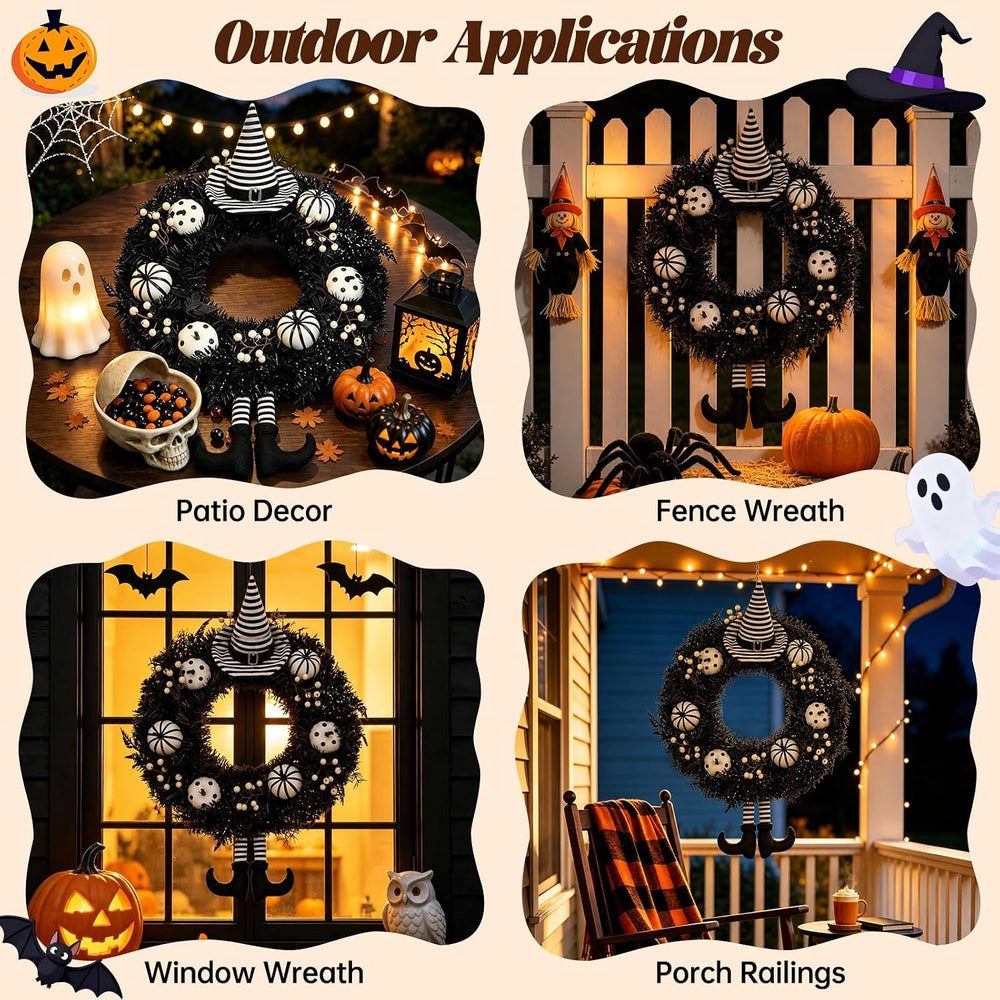 26" Halloween Wreath for Front Door with Hat, Legs, Pumpkins