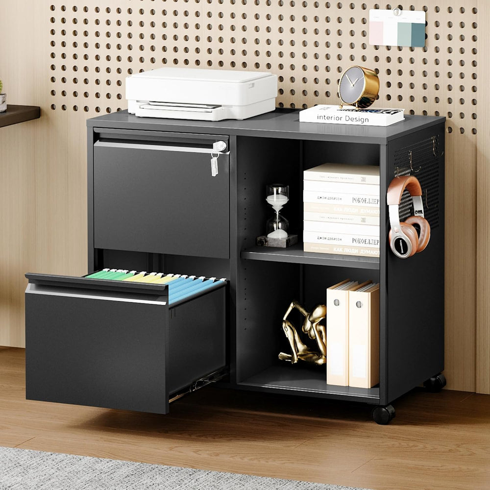 Mobile File Cabinet with Side Hook, 2 Drawer Lateral File Cabinet with Lock f...