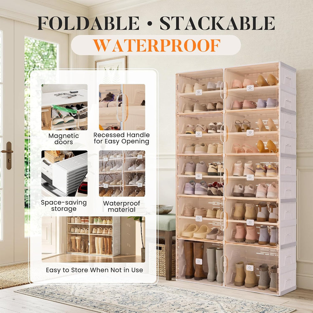 Foldable Shoe Rack Organizer for Entryway with Clear Magnetic Doors - Large C...