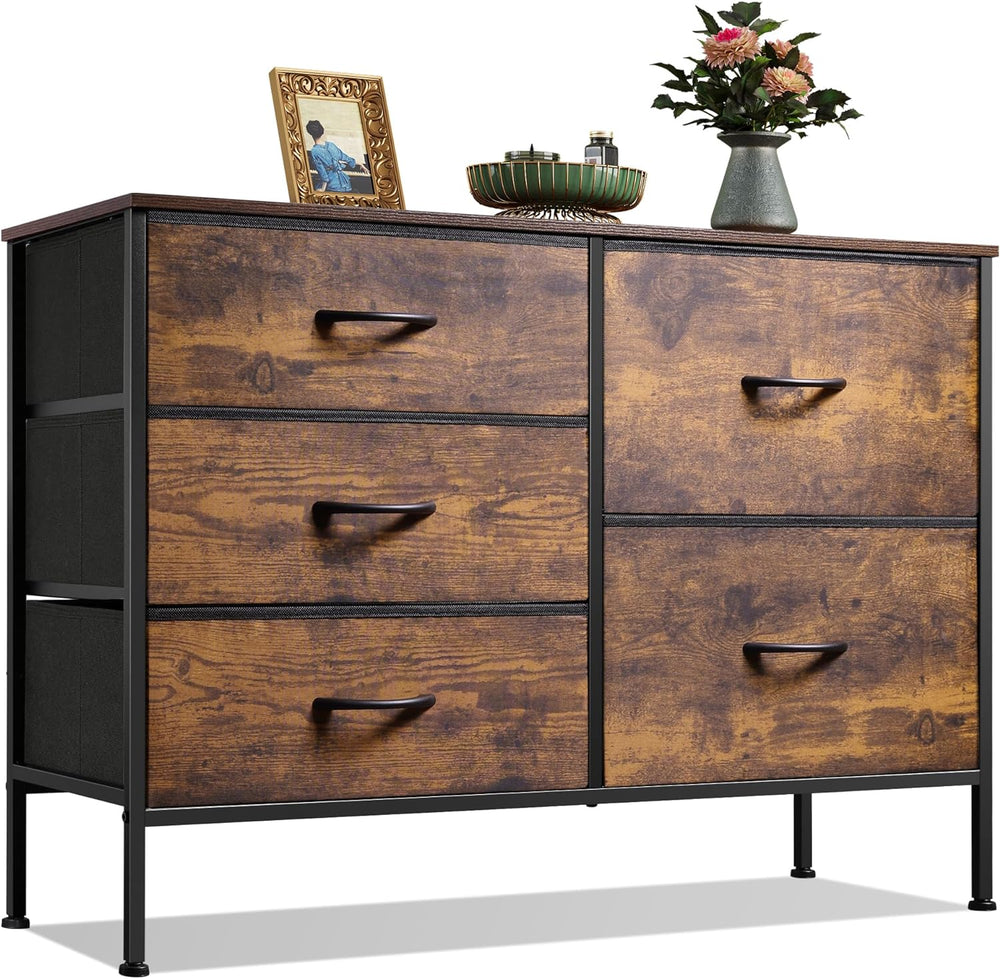 WLIVE 5 Drawer Fabric Dresser for Bedroom, Wide Storage Chest, Rustic Brown