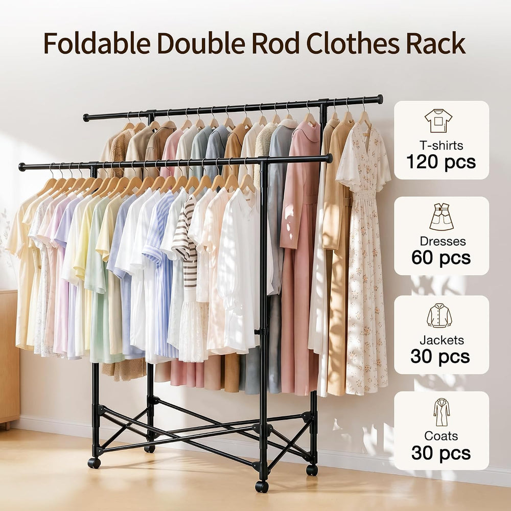 No-assembly Clothes Rack，Double Rod 59-Inch Rolling clothing rack