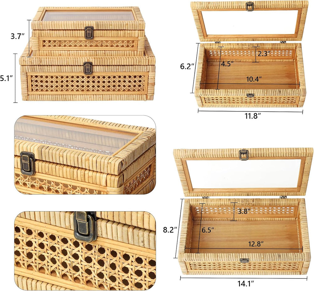 DECOR4SEASON Rattan and Cane Stacking Boxes with Glass Top Lid - Set of 2 for...