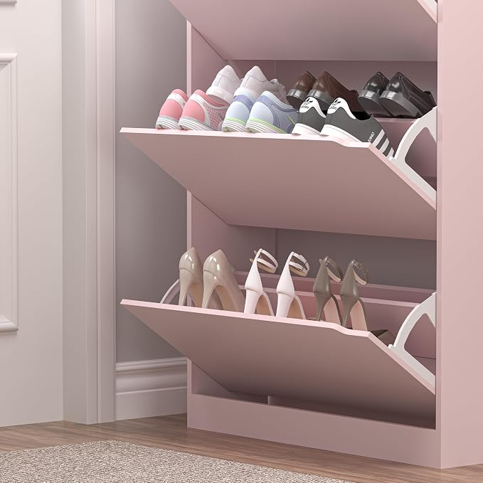 Shoe Cabinet with 3 Flip Drawers, Hidden Wood Shoe Cabinet, Freestanding Shoe