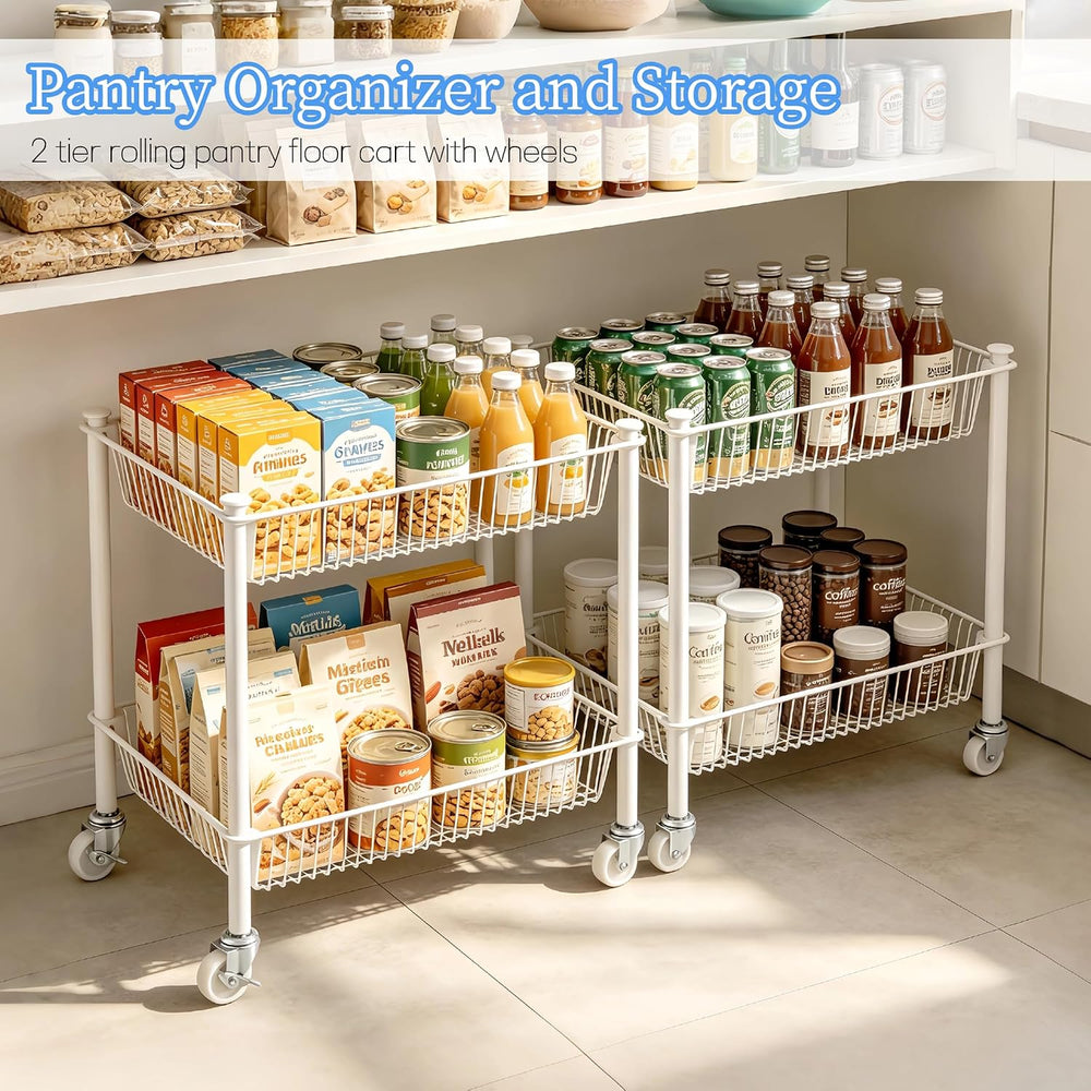 2 Tier Small Utility Cart on Wheels Short Rolling Pantry Cart Thick Metal Wir...