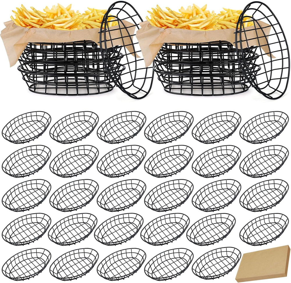 30 Pcs Black Wire Bread Basket 9.5 x 6.2 x 2.2 Inch Oval Metal Dinner Roll Ba...